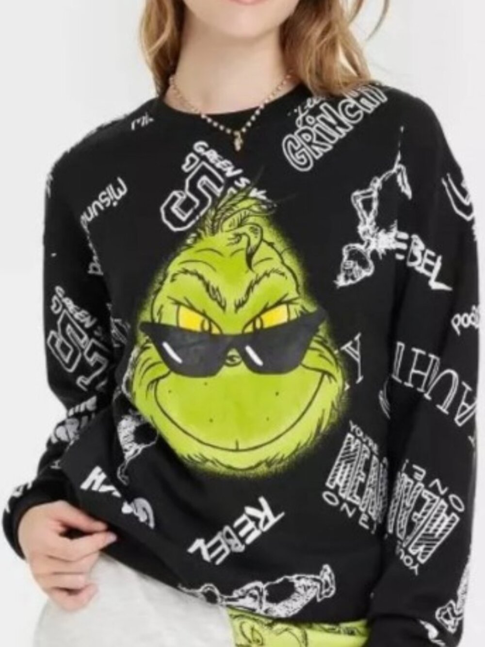 Grinch Sunglasses Graffiti Black Pullover Sweatshirt NWT Women Size Medium